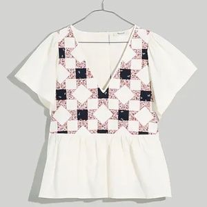 Madewell Flutter Sleeve Peplum Top in Patchwork Quilt NWT